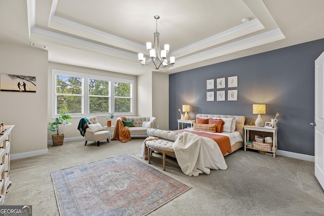 bedroom featuring baseboards, a raised ceiling, and carpet flooring