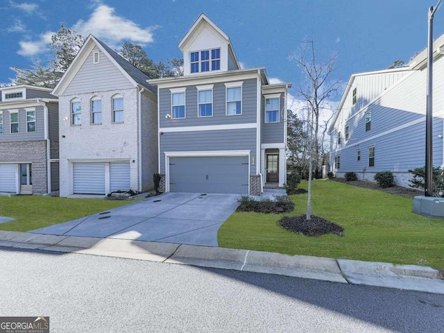 view of front facade with brick siding, driveway, an attached garage, and a front lawn