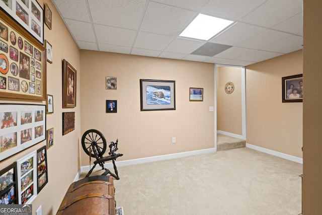 sitting room featuring a drop ceiling, baseboards, and carpet floors