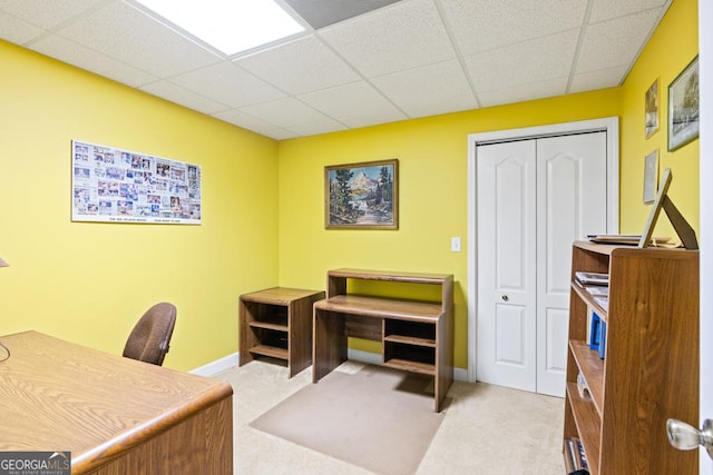 carpeted office featuring baseboards and a drop ceiling