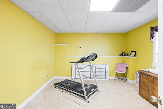 exercise room with carpet, baseboards, and a paneled ceiling