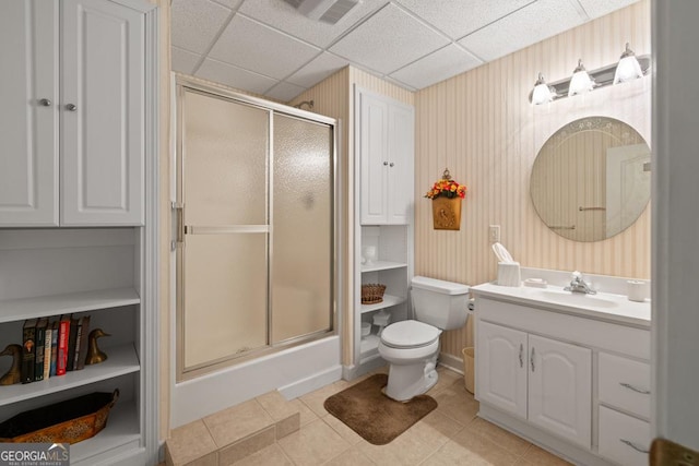 full bath with vanity, visible vents, a stall shower, tile patterned flooring, and toilet