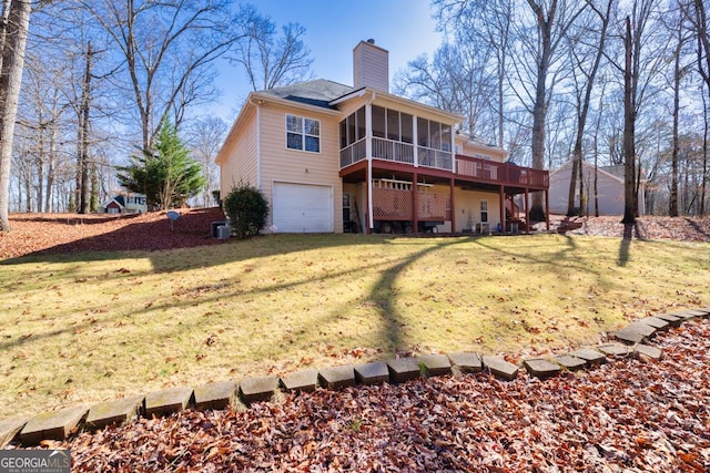 rear view of property with an attached garage, central AC, a sunroom, a chimney, and a lawn