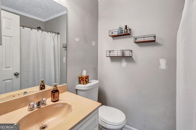 5545 Circlestone Ln, Stone Mountain, GA 30083 - full bath with toilet, a shower with shower curtain, vanity, ornamental molding, and a textured ceiling