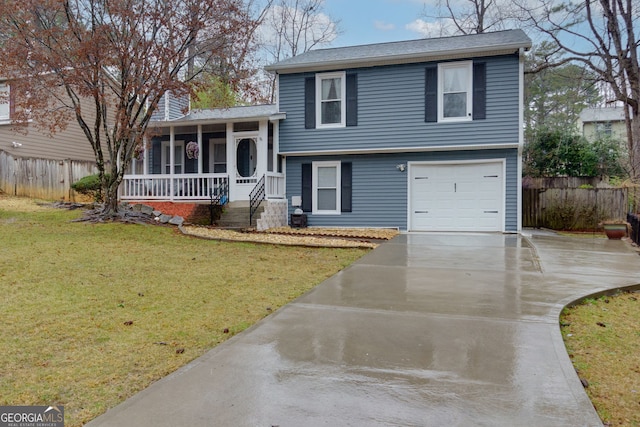 split level home with fence, a porch, concrete driveway, a front yard, and a chimney