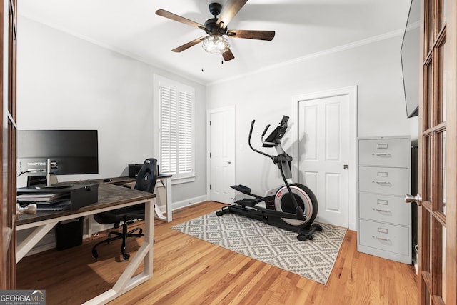 office area featuring a ceiling fan, baseboards, light wood finished floors, and ornamental molding