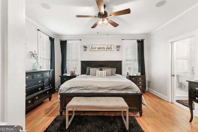 bedroom with baseboards, light wood-type flooring, and ornamental molding