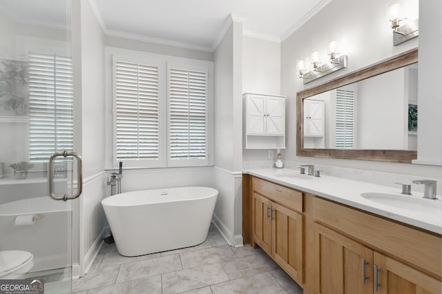 full bathroom featuring double vanity, a soaking tub, ornamental molding, and a sink