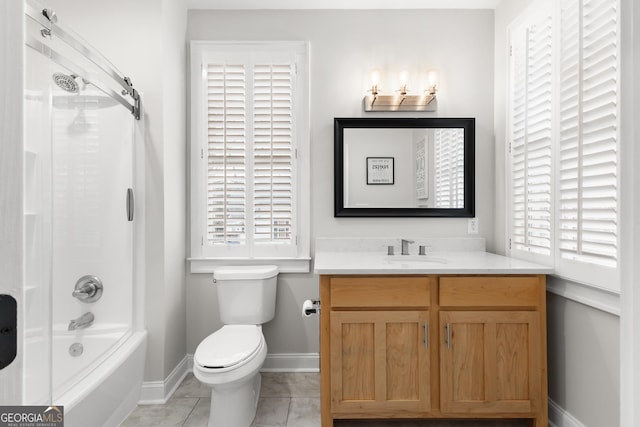 full bath with tile patterned floors, plenty of natural light, toilet, and vanity