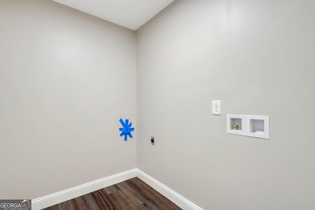 laundry area with baseboards, laundry area, hookup for a washing machine, dark wood-style floors, and electric dryer hookup