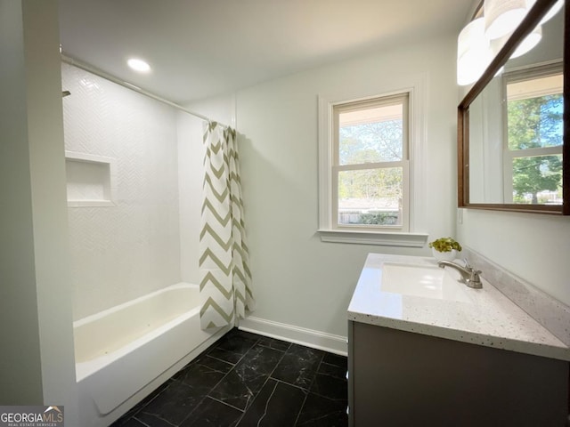 full bath with baseboards, recessed lighting, shower / bath combination with curtain, vanity, and marble finish floor