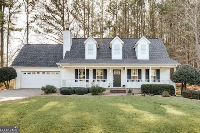 cape cod-style house with a front lawn, covered porch, driveway, and a shingled roof