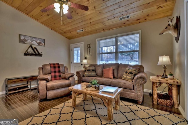 living room with lofted ceiling, wood finished floors, wood ceiling, and visible vents
