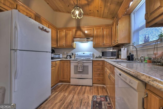 kitchen featuring under cabinet range hood, wood ceiling, lofted ceiling, white appliances, and a sink