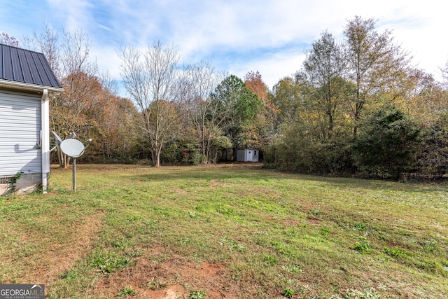 view of yard featuring a storage shed and an outdoor structure