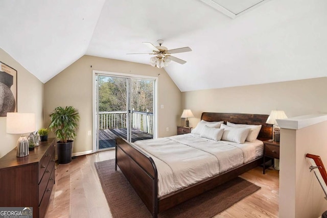 bedroom with vaulted ceiling, access to outside, light wood finished floors, and ceiling fan