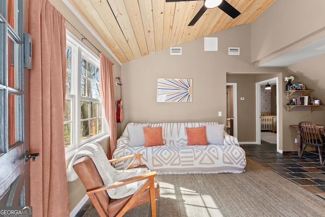 interior space with visible vents, wood ceiling, ceiling fan, and vaulted ceiling