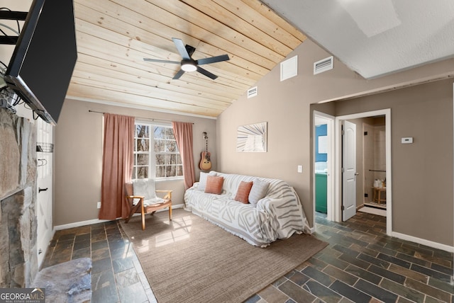 living room with wooden ceiling, stone tile floors, visible vents, and baseboards