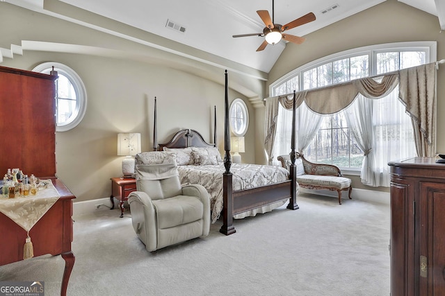 bedroom with visible vents, light carpet, and vaulted ceiling