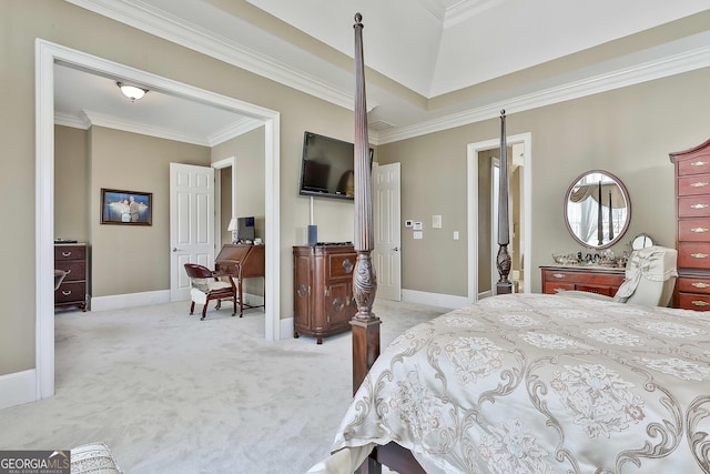 carpeted bedroom featuring baseboards and ornamental molding