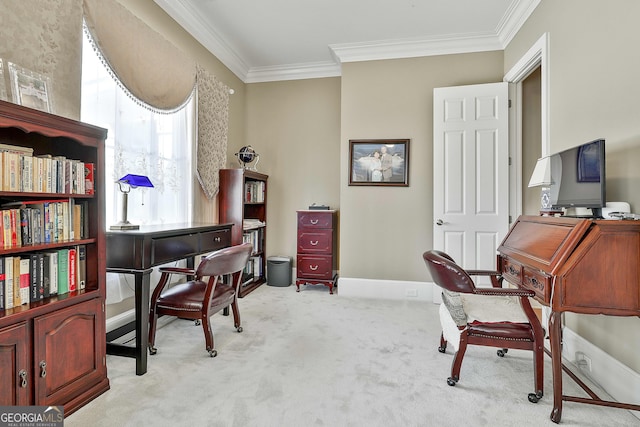 carpeted office space with baseboards and ornamental molding