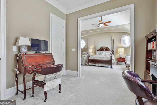 bedroom with baseboards, carpet floors, and ornamental molding