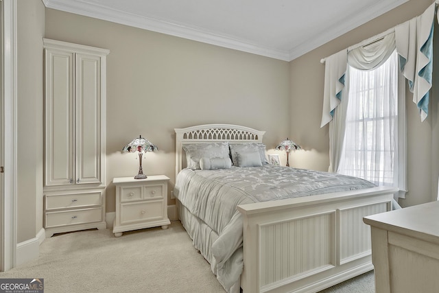 bedroom featuring light carpet and crown molding