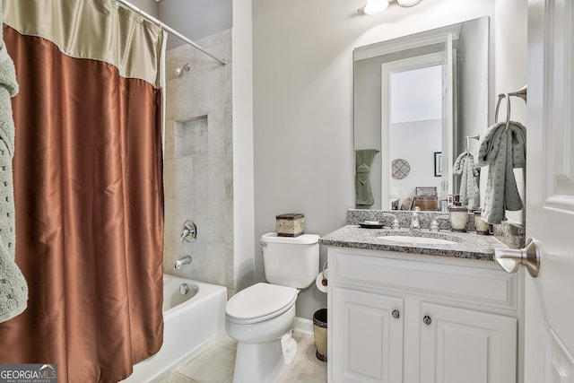 full bath with vanity, shower / bath combination with curtain, toilet, and tile patterned floors