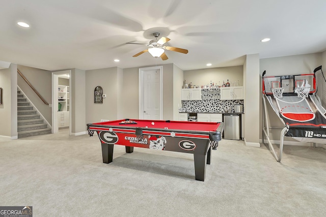 playroom with recessed lighting, light colored carpet, and baseboards