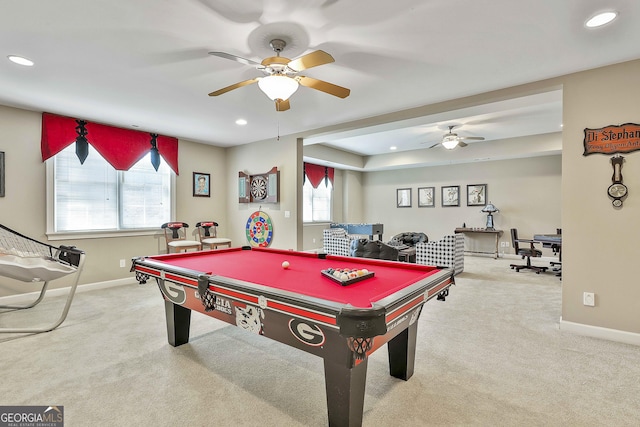 game room featuring recessed lighting, carpet, and baseboards