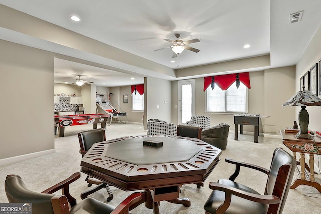 dining area featuring recessed lighting, baseboards, carpet, and a ceiling fan