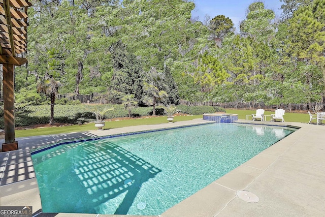 view of pool featuring fence, a patio area, a fenced in pool, and a lawn