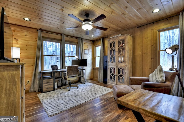 office with wooden walls, wood ceiling, wood finished floors, and a healthy amount of sunlight