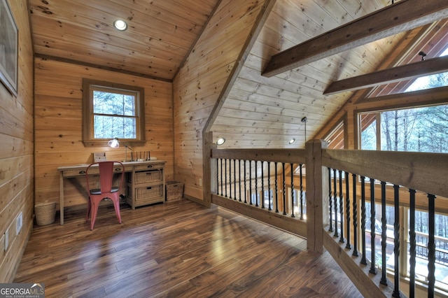 home office featuring wood finished floors, wooden walls, wooden ceiling, and vaulted ceiling with beams