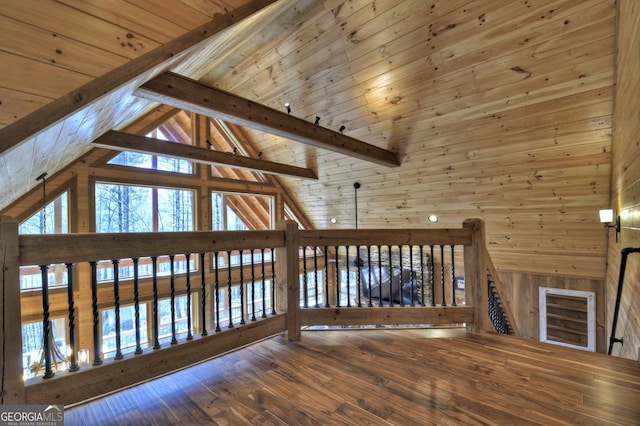 interior space featuring beam ceiling, high vaulted ceiling, wood-type flooring, wooden walls, and wood ceiling