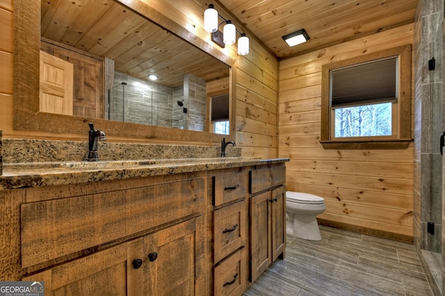 full bath with toilet, a stall shower, wood ceiling, and a sink