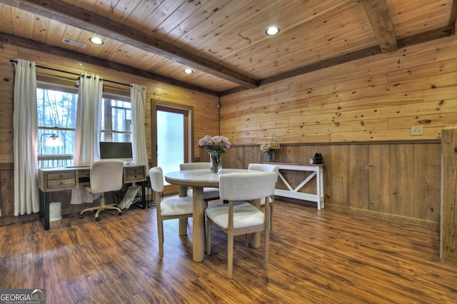 dining area featuring beam ceiling, wood ceiling, and dark wood-style floors