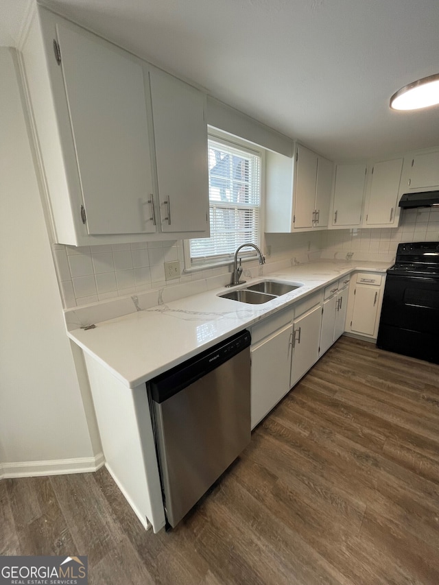 kitchen featuring black electric range, under cabinet range hood, a sink, backsplash, and dishwasher