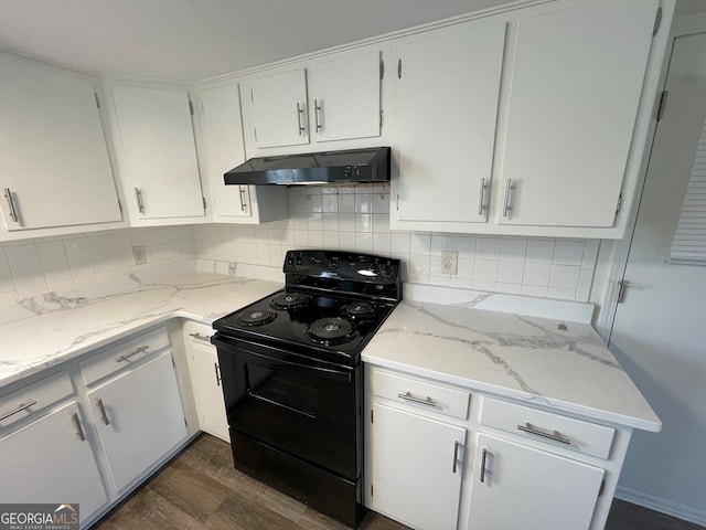 kitchen with under cabinet range hood, decorative backsplash, white cabinetry, and black electric range