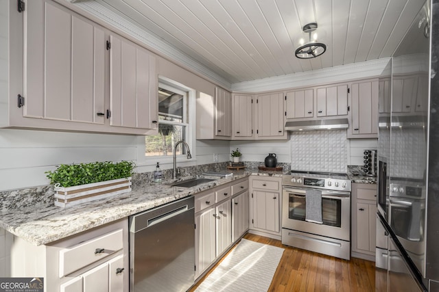 kitchen with a sink, under cabinet range hood, stainless steel appliances, light wood-style floors, and wooden ceiling