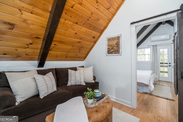 living room featuring an AC wall unit, wood finished floors, baseboards, wood ceiling, and vaulted ceiling with beams