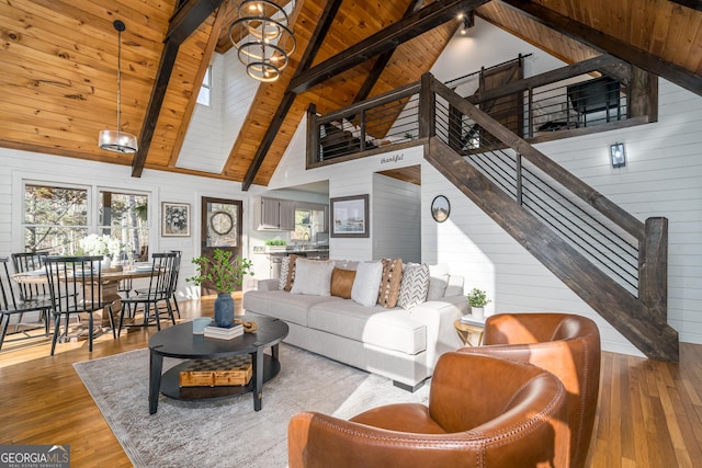 living room featuring beam ceiling, wood-type flooring, a skylight, wooden ceiling, and wood walls