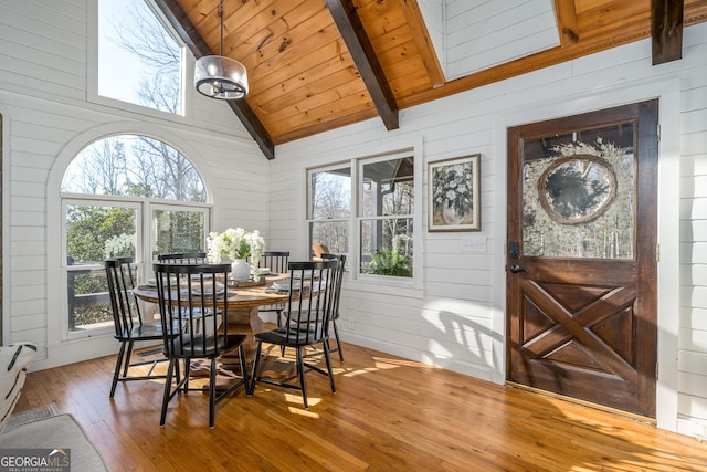 dining room featuring hardwood / wood-style floors, high vaulted ceiling, wood ceiling, wood walls, and beamed ceiling