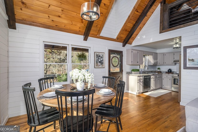 dining area featuring wooden walls, wood ceiling, wood finished floors, and vaulted ceiling with beams