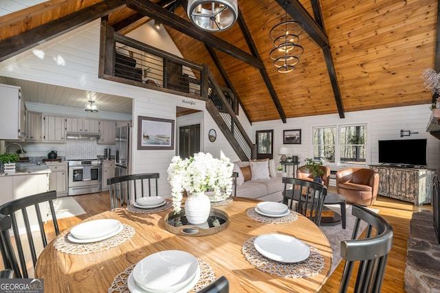 dining room featuring wooden ceiling, beamed ceiling, wood finished floors, and wood walls