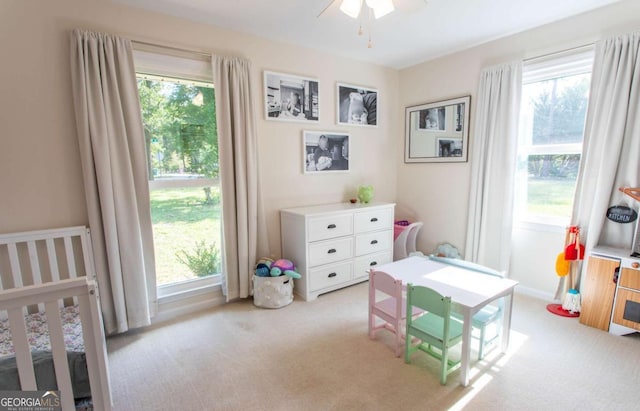 bedroom with multiple windows and light carpet