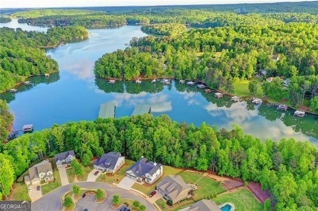 drone / aerial view featuring a view of trees and a water view