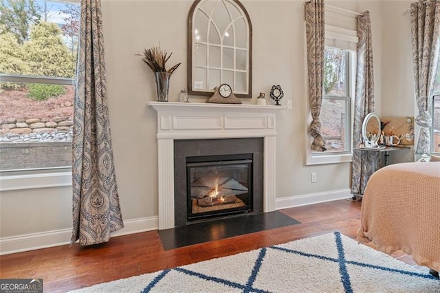 interior space featuring a fireplace with flush hearth, baseboards, and wood finished floors