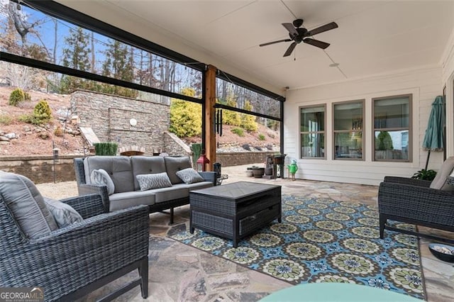 view of patio with an outdoor hangout area and ceiling fan