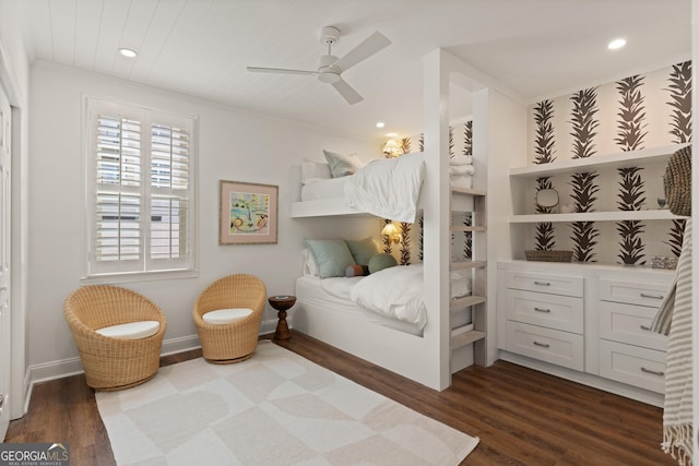 bedroom featuring recessed lighting, baseboards, ceiling fan, and dark wood-style flooring